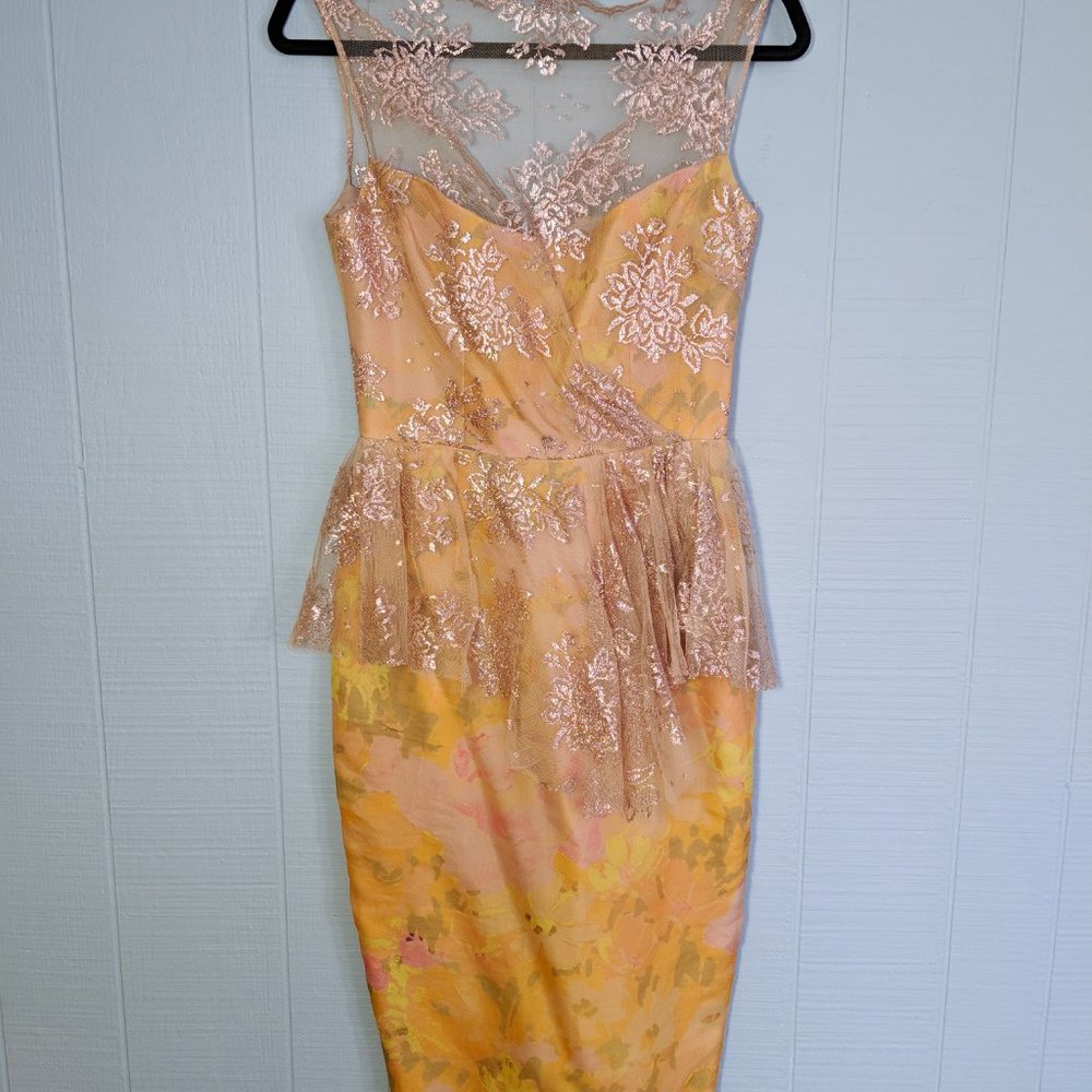 BADGLEY MISCHKA Pink Gold Floral Cocktail Dress